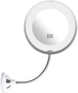 Flexible Gooseneck LED Light Makeup Mirror 10X Magnifying Makeup Mirror with Locking Suction Cup Diffused Light and 360° Swivel