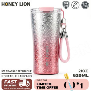 HoneyLion - 620ml Ice Crack Gradient Vacuum Tumbler 316 Stainless Steel Double Drink Cup Leakproof Coffee Mug with Strap
