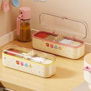 LINSBAYWU Sealed Spice Storage Rack 4 Grids Food Grade Kitchen Storage Organizer Condiment Tools Moisture-proof Kitchen Seasoning Jar Kitchen Supplies