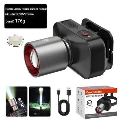 【Garansi 30 Tahun】YESQ Senter Kepala LED Zoom 60W Pro - 99000 Lumen USB Type-C 3 Mode (Putih/Kuning/Laser) Tahan 24 Jam untuk Outdoor/Camping