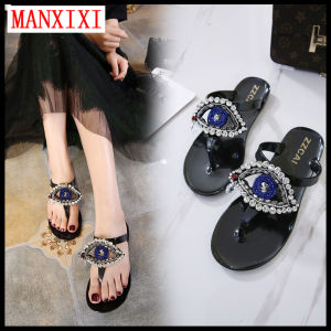 MANXIXI Fashion Women Flip Flop Bohemian Style Beautiful Eye Pattern Rhinestone Pearl Flat Slippers (Size 36-41)