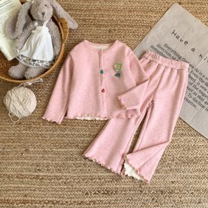 Bear Leader Spring Clothing Sets for Baby Girls 1-8 Years Autumn Flower Velvet Colorful Button Cardigan and Flared Pants 2Pieces Suits Kids Fashion Clothing Warm Outfits