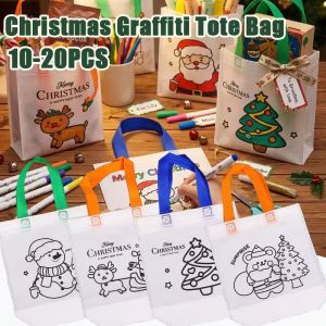 10pcs Kids Christmas DIY Graffiti Tote Bag Eco-Friendly Non-Woven Handmade Painting Gift Bag Cartoon Coloring Packaging Bag for Christmas New Year Party Home Decoration