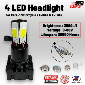 🚲 SpeedBike Universal 4LED Headlight  Universal Compatibility: This SpeedBike Universal 4LED Headlight is designed for a wide range of applications. It fits various bikes ensuring versatility and convenience. 🌟  White Alloy Material: The headlight is m