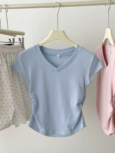 Dream Clothes💟เสื้อยืด🎉เสื้อยืดแขนสั้นไหล่ขวาสำหรับผู้หญิงในฤดูร้อนรัดรูปรัดรูปทรงเข้ารูปไม่สม่ำเสมอเสื้อสั้นสำหรับผู้หญิง