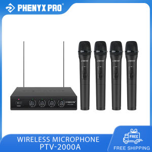 ระบบไมโครโฟนไร้สาย VHF Phenyx Pro ไมโครโฟน4ช่องไมค์ไร้สาย4ไมค์ไร้สายแบบไดนามิกตัวรับโลหะไมโครโฟนระยะไกลสำหรับร้องเพลงปาร์ตี้คาราโอเกะโบสถ์