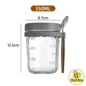 MaxPlus 350ml Reusable Overnight Oats Jars With Spoon Airtight Oatmeal Cup Container Breakfast Cups