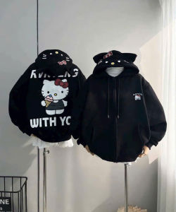 Áo Khoác Hoodie Tai Mèo Hello Kitty In Chữ WITH Form Rộng – Áo Hoodie Zip Nữ Dễ Thương Phong Cách Hàn Quốc