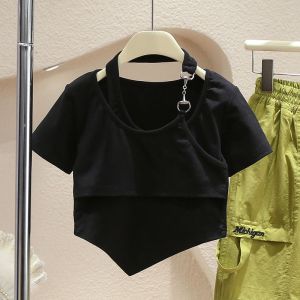 WANDER เสื้อผ้าเด็กผญ ชุดแฟชั่นเด็กผู้หญิง การออกแบบสีทึบแฟชั่นเกาหลี ชุดเสื้อตัวสั้นและกางเกงเด็กผู้หญิง23727