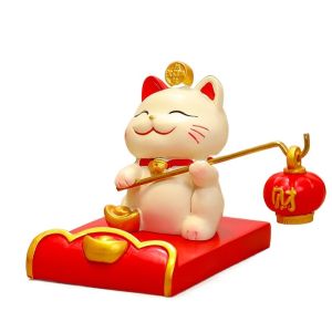 LMS70 Resin Crafts Lucky Cat Phone Holder Figurine Miniature Items Chinese Style Animal Mobile Phone Stand Kawaii Exquisite Cute Cell Phone Bracket Living Room Decoration