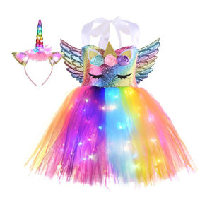 2025CODGirls Unicorn Tutu Dress Rainbow Princess Dresses Kids 1-10 years Birthday Party LED Glow Party Dress Rainbow Hair Band Wings