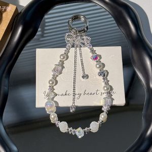Light luxury pearl crystal phone chain fashionable and elegant car keychain ins style high-end alloy bag decoration