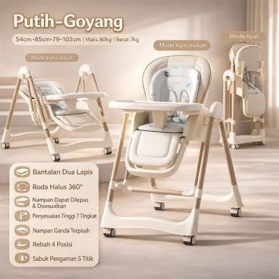 Kursi Makan Anak Bayi 6 in 1 Lipat Minimalis - High Chair for Baby+ Ayunan Seat Kulit Lembut Untuk 0-5 Tahun