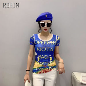 REHIN เสื้อยืดแขนสั้นสําหรับผู้หญิงเสื้อยืดคอกลมแขนสั้นสีตัดกัน S-3XL
