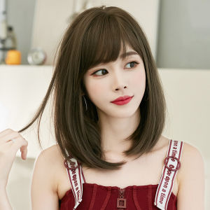 Original Washable Wig for Women Human Hair True Hair Female Can Be Oblique Can Be Neat Medium-length Full Top Hair Set Net Red Wig Sheath Natural Realistic Shoulder Hair Wig for Womens Favorite Daily Wear Hairstyle
