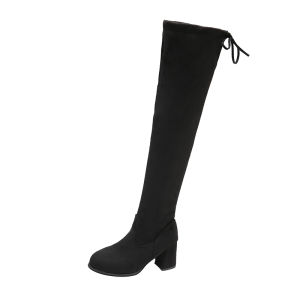 Falimottype)Size 35-40 Womens 7cm Over Knee Thick Heel Boots Black Suede School Student Shoes Elastic Martin Boots(add 1 size)