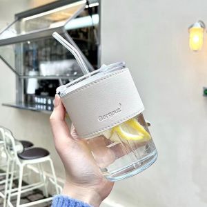 JJT Stylish Glass Straw Cup with Leather Sleeve Portable Drinkware Gift Bottle