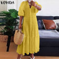 VONDA Women Fashion Solid Color Pleated Tunic Long Maxi Dresses V Neck Ruffled Hem Button Up Puff Sleeve Vestido (Plus Size). 