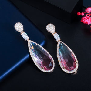 SEQUITO Personality Holiday Jewelry Natural Mystical Rainbow Blue Pink Cubic Zircon Stone Setting Gold Color Big Long Tear Drop Boho Dangle Earrings for Women SE529