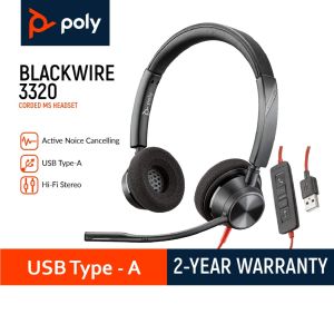 Poly Blackwire 3320-M Wired Headset (Plantronics) Hi-fi Stereo USB-A (No USB -A to C adapter) - 2 Yrs Warranty