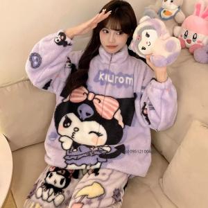 New Anime Sanrio Womens Pajamas Hello Kitty Kawaii Cartoon Loose Sleepwear Lapel Warm Pajamas Sets Clothes Girl Birthday Gifts