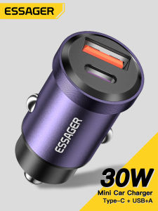 Essager อะลูมินัมอัลลอยที่ชาร์จแบตในรถ Type-C + เอาต์พูตพอร์ตคู่ยูเอสบี30W ที่ชาร์จแบตในรถเร็ว สำหรับ iPad Pro 2021, iPhone 13 Pro Max, Samsung ชาร์จโทรศัพท์