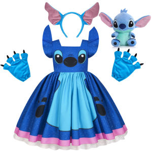 2026 Disney Halloween Party Cartoon Blue Short Sleeve Costume Lilo Stitch Cosplay Costume Girls Stitch Birthday Festival Dress