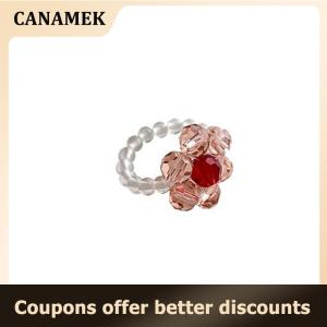 【 CANAMEK 】 Vintage Beaded Flower Elastic Rings Rice Beads Handmade Woven Flower Rings For Women Bohemian Jewelry Girls Party Gifts