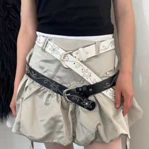HI MIA Flower Rhinestone Belt Y2K Alloy Rivet Belt Unique Black PU Leather Waistband Women