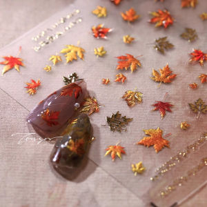 ZEEMIN 1Pcs 5D Autumn Jelly Maple Leaf Story Nail Sticker Relief Shiny Golden Fall Leaves Adhesive Nail Decal Elegant Maple Nail Slider