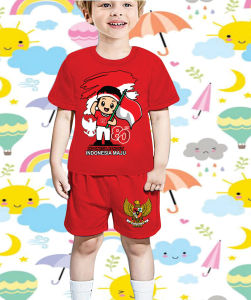 SETELAN BAJU ANAK ANAK 17 AGUSTUS 45/HUT 80/ANAK ANAK IKUT LOMBA /COWOK PEGANG BENDERA