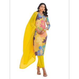 Yellow Cotton Kurti Set for Women - Straight Cut Printed With Pants and Shawl - Plus Size Friendly (S to 3XL) - Pre Order 23days - Fusioncloset