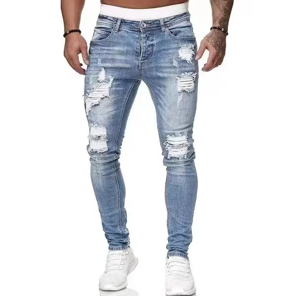 Korean Style Casual Slim Fit Jeans Tattered Ripped Denim Jeans For
