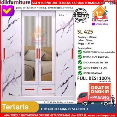 KLIKFURNITURE FULL BESI Lemari Pakaian Besi 4 Pintu Sliding Cermin SL425 2 Laci