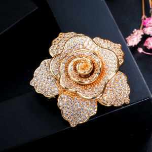 SEQUITO Gorgeous Yellow Gold Silver Plated Big Flower Brooches Pins Full Micro Paved Tiny Shiny AAA Cubic Zirconia Stones Luxury Women Costume Party Clothes Brooch Jewelry for Banquet BP015
