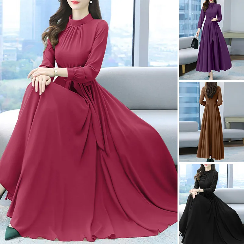 Women's Fashion Long Sleeve O-Neck Swing Dress Evening Prom Gown Long Maxi  Dress