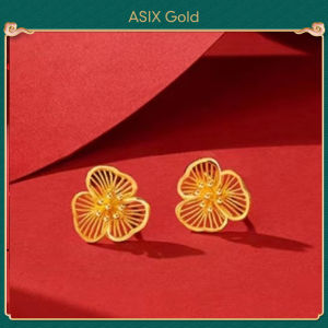 ASIX GOLD ชุบทอง 24K ชุดต่างหูแหวนสร้อยคอดอกพลัม ผู้หญิงดอกพลัมสร้อยคอแหวนต่างหู สีไม่เปลี่ยนเป็นสีดํา จะไม่ปอกเปลือก