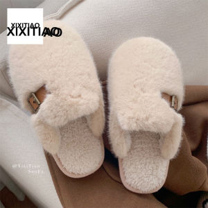 Xixitiao giày lông mịn ngón chân phẳng giản dị thời trang đơn giản thời trang Dép bông giữ nhiệt lót lông cừu nội thất nhà phong cách Hàn Quốc học sinh nữ