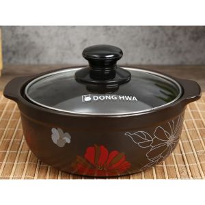 Nồi đất dùng kho khô quẹt cá cao cấp có hoa Tucbeghi nắp kính Dong Hwa - size 750ml kèm đế / không đế