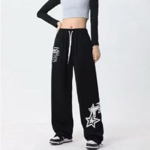 Zertico - Celana Baggy Letter Star Hitam Celana Kulot Celana Panjang Wanita Tali Serut Hitam