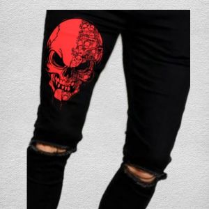 Celana Panjang Jeans Warna Hitam Bahan Denim Gaya Ripped Paint