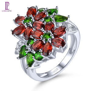 Lohaspie Jewelry Real 5 Carats 925 silver 925 Ring With Big Stone Natural Garnet Chrome Diopside Multicolor Gemstone Ring Garnet Ring For Women Jewelry Gift