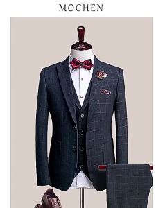 Korean Mens Checkered 3-Piece Suit - Slim Fit Blazer+Vest+Pants for Formal & Party Wear