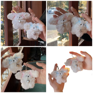 Cute Plush Rabbit Keychain Stuffed Animal Toy Car Keyring Handbag Pendant Pearl Beaded Bowknot Bag Charm Key Rings