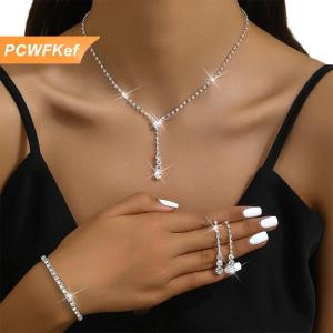 【PCWFKef】 ชุดเครื่องประดับแต่งงานแฟชั่นสำหรับเจ้าสาว4ชิ้นชุดสร้อยข้อมือต่างหูสร้อยคอพลอยเทียมชุดเครื่องประดับงานเลี้ยงสำหรับผู้หญิง