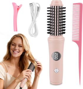 Cordless Curling Iron Brush for All Hairs Hot Hair Comb for Travel USB Recharged Ceramic Curling Wand Electric Heated Round Brush with 10 TempDual Straightener Tools for Short Long Hairs