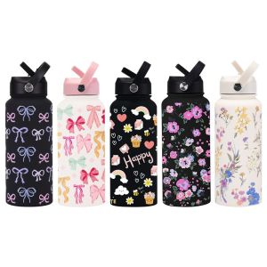 SPORTS XU 1L Capacity 1000ML Tumbler Printed Design With Straw Portable Vacuum Cup Convenient 304 Stainless Steel Insulated Cup Travel Use