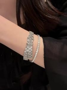Bellux Hollow Rhombus Zircon Tennis Bracelet Silver Belt Buckle Design Sparkling 925 Silver Chain Bracelet Daily Wear Jewelry