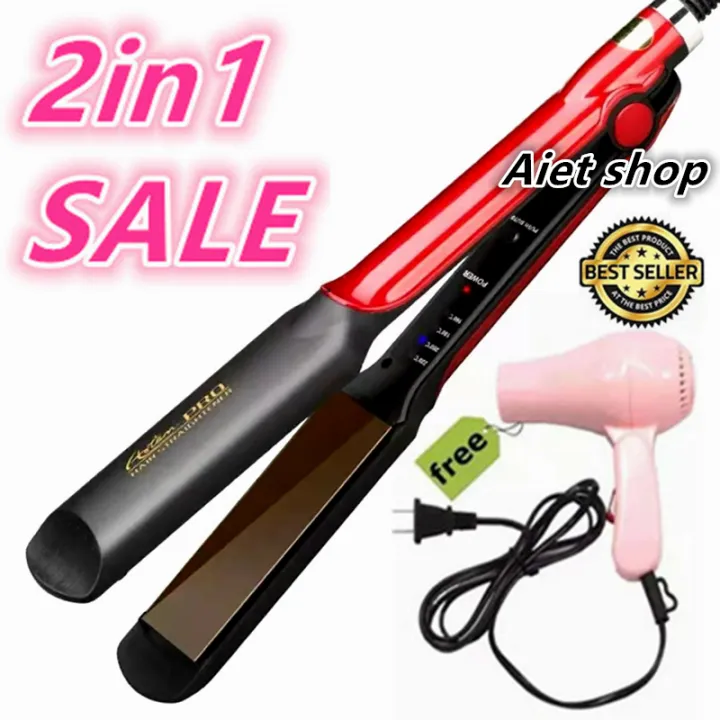 Professional Elegant Aluminum Ceramic Plate Temperature Adjustment Hair  Straightener (Black-Red) with FREE Foldable Blower Household Hair Dryer  (Pink)