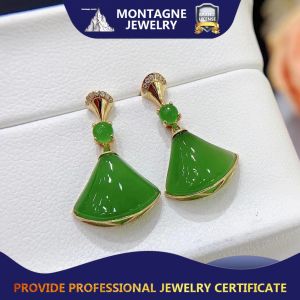 Montagne Jewelry 18K Pure Gold earring for women Diamond Inset Design Fine Jewellery Natural 20x12.5mm Grade A Green Jade Earrings Stud Earring